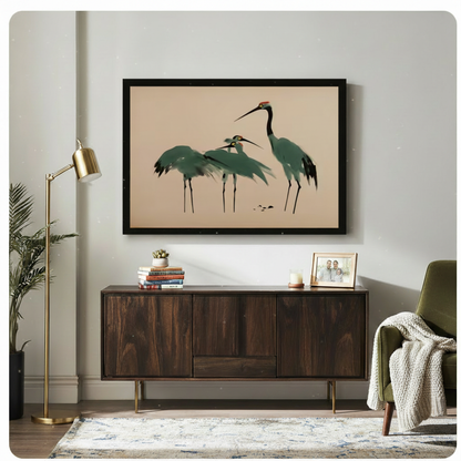 Japanese red-crowned crane ink wash art in black frame above walnut sideboard in eclectic living room with gold floor lamp