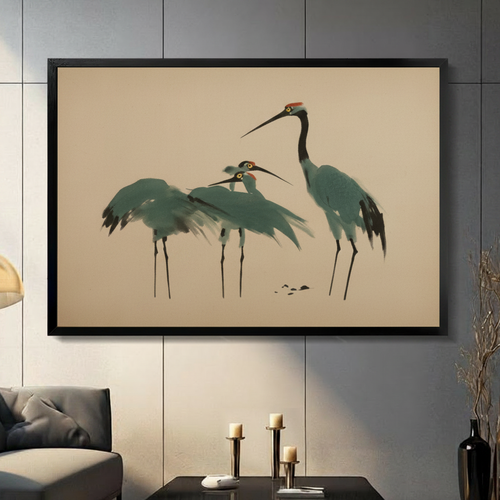 Japanese red-crowned crane ink painting framed canvas art displayed in modern living room, wall decor above sofa