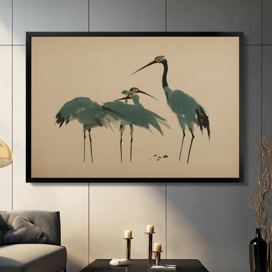 Japanese red-crowned crane ink painting framed canvas art displayed in modern living room, wall decor above sofa