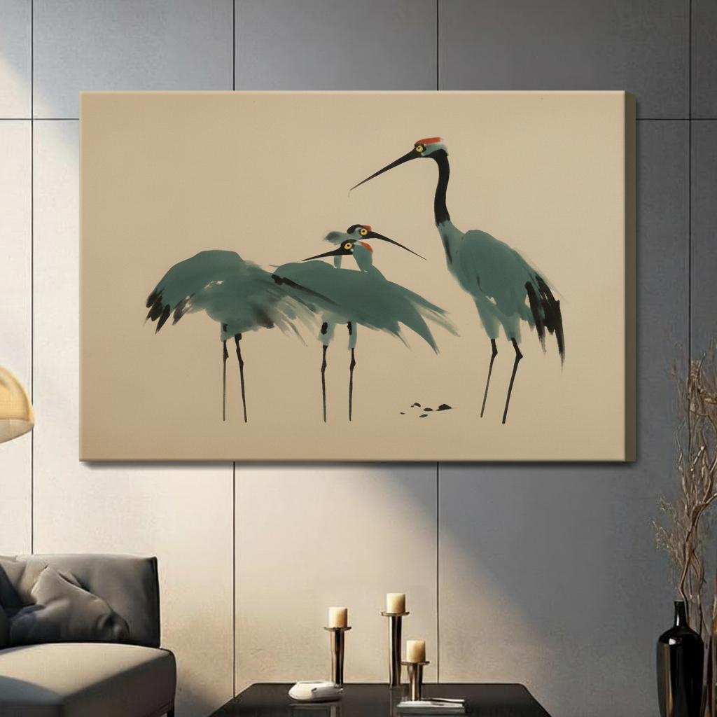 Frameless Japanese crane ink wash canvas print hanging on grey wall in contemporary living room setting
