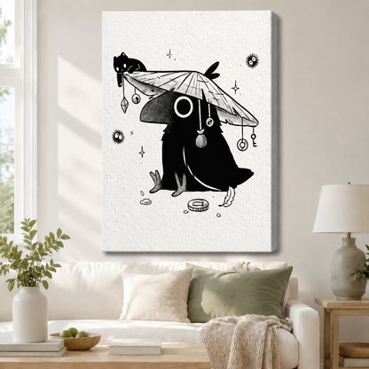 Unframed canvas print of a whimsical ink-style crow wearing a conical straw hat with a black cat perched on top and mystical key and orb pendants, hung above a white sofa in a cozy neutral living room