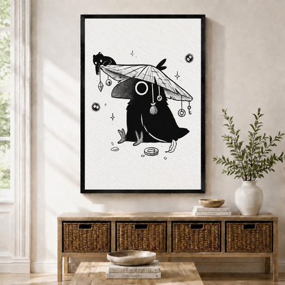 Black-framed Japanese-style crow wall art featuring a raven in a straw hat with a sleeping black cat and dangling crystal charms, displayed above a wicker storage console in a Scandinavian entryway