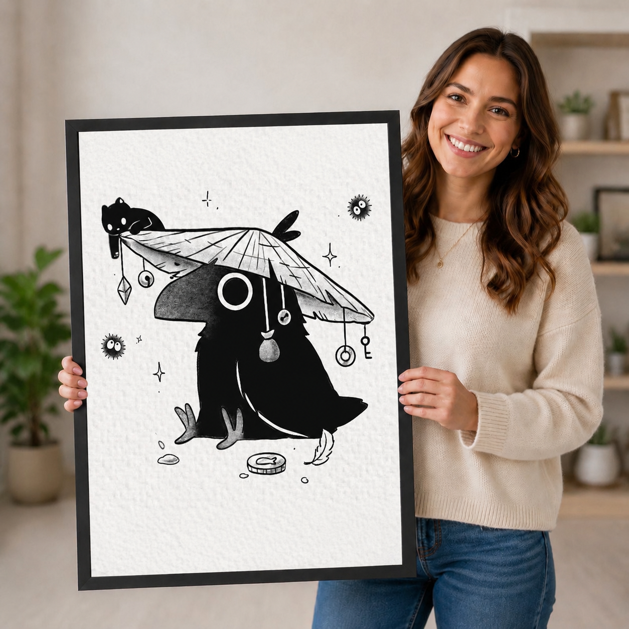 Smiling woman holding a large black-framed Japanese ink crow art print with straw hat and black cat, showcasing print size and fine line detail in a bright home interior
