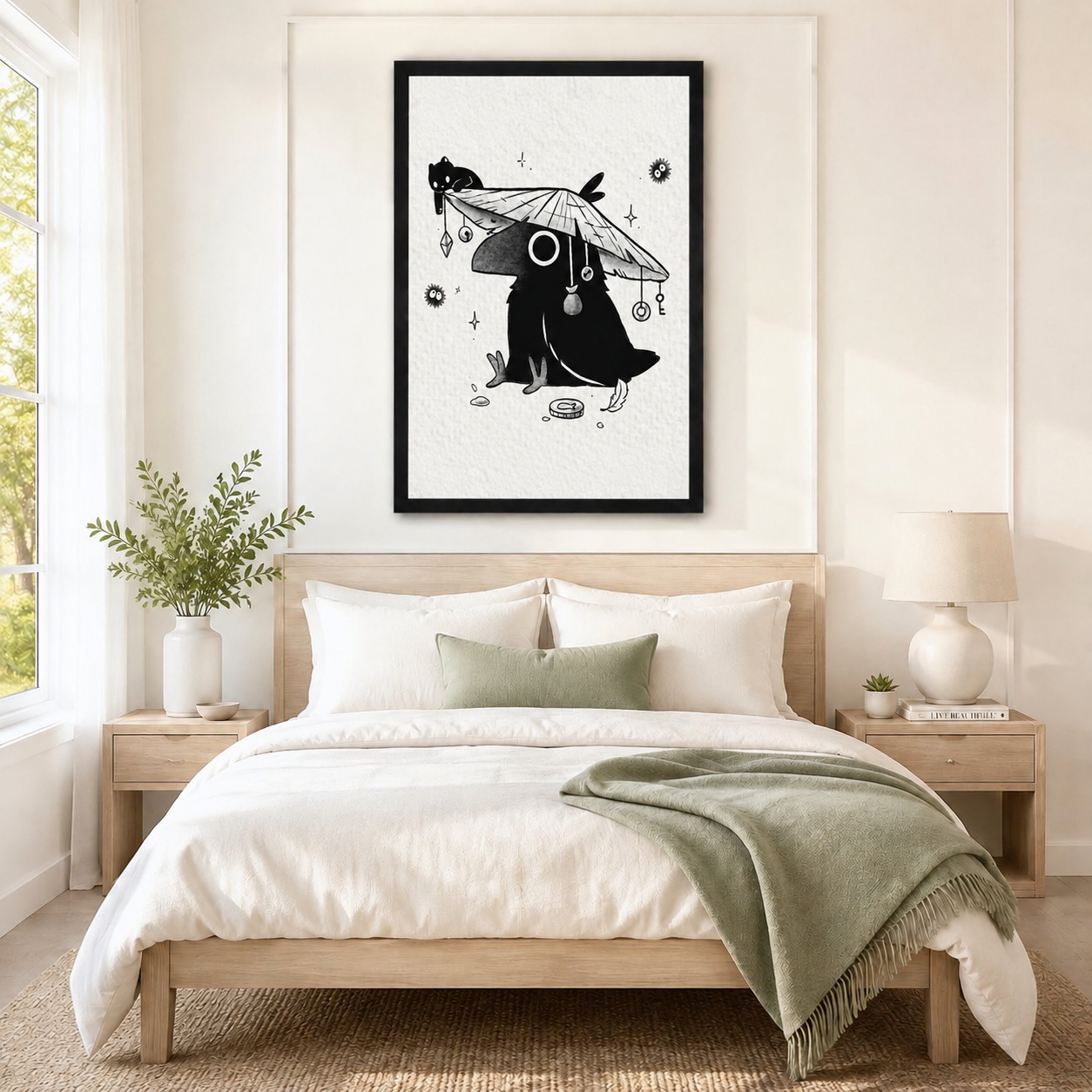 Large black-framed Japanese-style crow and black cat wall art with mystical straw hat and crystal pendants, hung above a natural wood bed frame in a serene Scandinavian bedroom