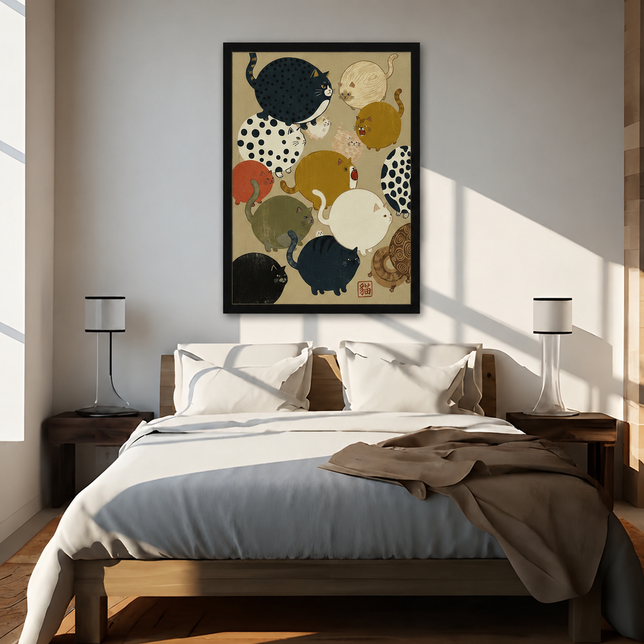 Japanese style chubby cat collection framed poster above bed in sunlit minimalist bedroom, earth tone fat cats wall art with black frame for bedroom decor