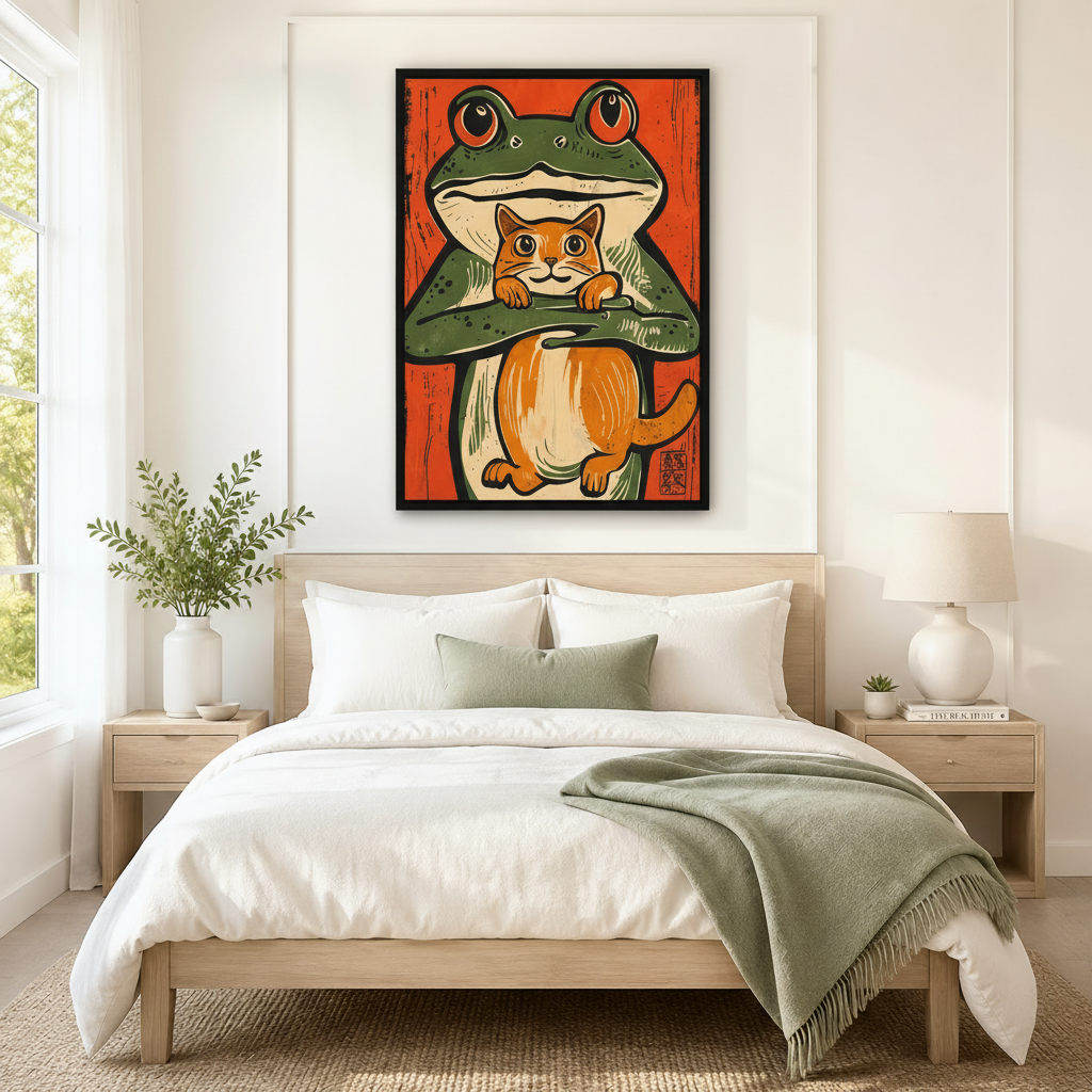Large framed Japanese-style woodblock canvas art of a green frog holding an orange cat on a vibrant red background, hung above a neutral linen bed in a minimalist Scandinavian bedroom