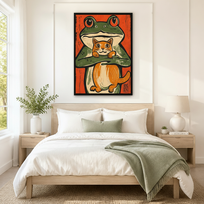 Large framed Japanese-style woodblock canvas art of a green frog holding an orange cat on a vibrant red background, hung above a neutral linen bed in a minimalist Scandinavian bedroom