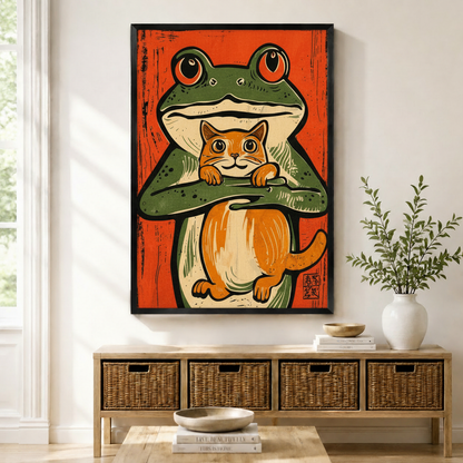 Framed Japanese woodblock-style canvas print of a green frog hugging an orange cat on a bold red background, displayed above a wicker basket sideboard in a bright entryway