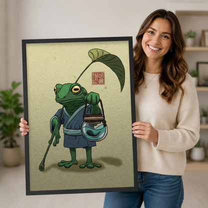 Woman holding large framed canvas art print featuring a charming Japanese frog in kimono with lotus leaf and fish bowl lantern