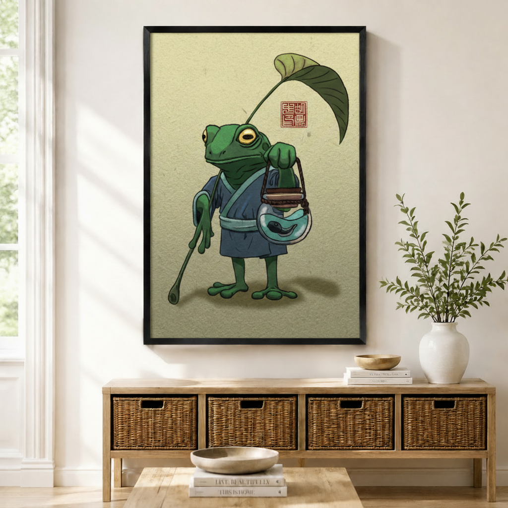 Whimsical Japanese-style frog traveler in kimono framed canvas wall art displayed above wicker console in bright entryway