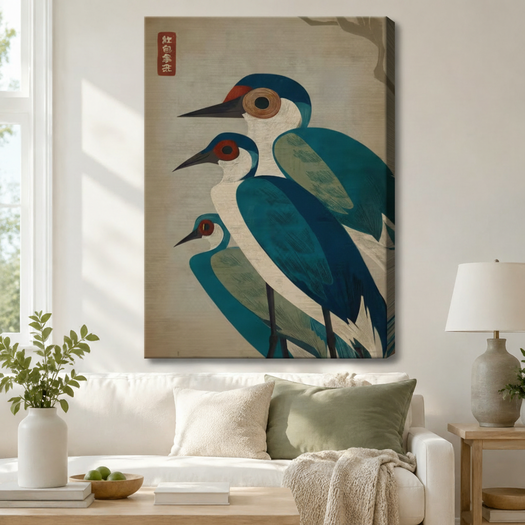 Teal blue heron trio Japanese art canvas print hung above white sofa in bright Scandinavian living room