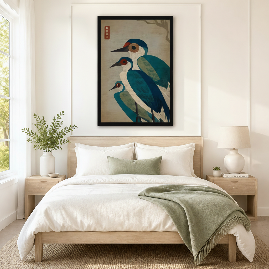 Japanese folk art teal heron trio black framed print above neutral linen bed in serene Scandinavian bedroom
