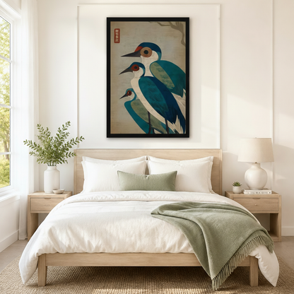 Japanese folk art teal heron trio black framed print above neutral linen bed in serene Scandinavian bedroom