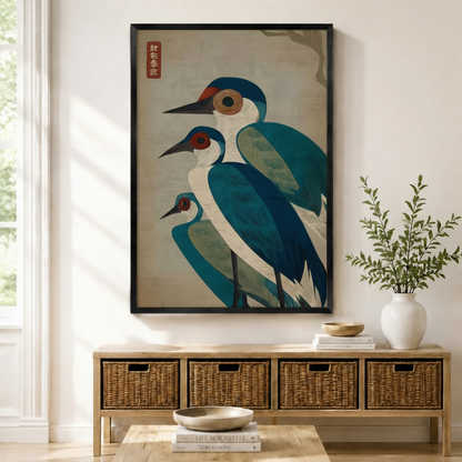 Japanese-style teal heron trio framed wall art print displayed above entryway console with wicker baskets