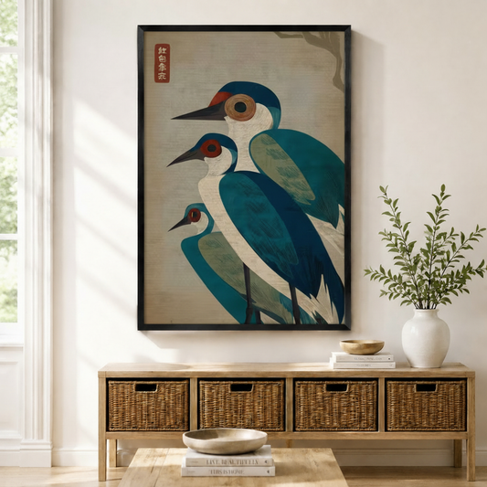 Japanese-style teal heron trio framed wall art print displayed above entryway console with wicker baskets
