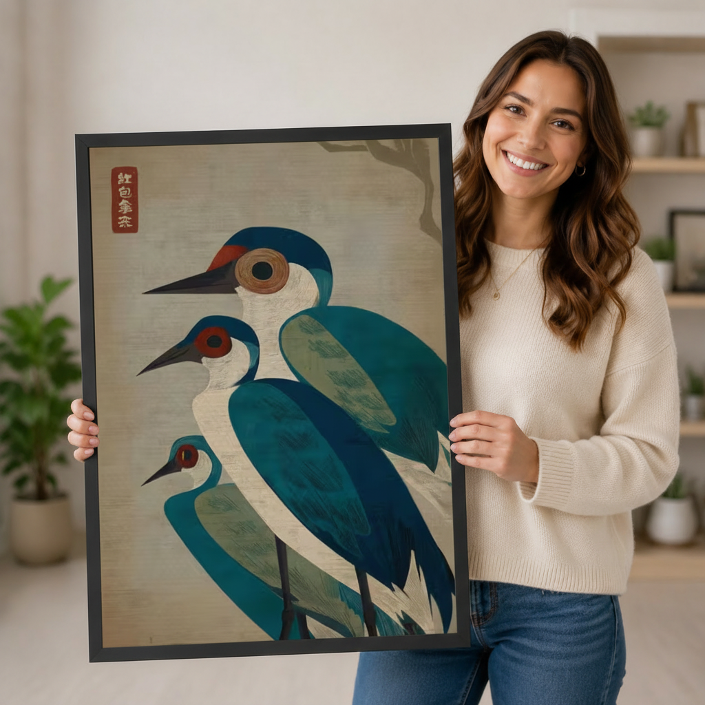 Woman holding large framed Japanese heron trio wall art print showing teal birds with red eye markings
