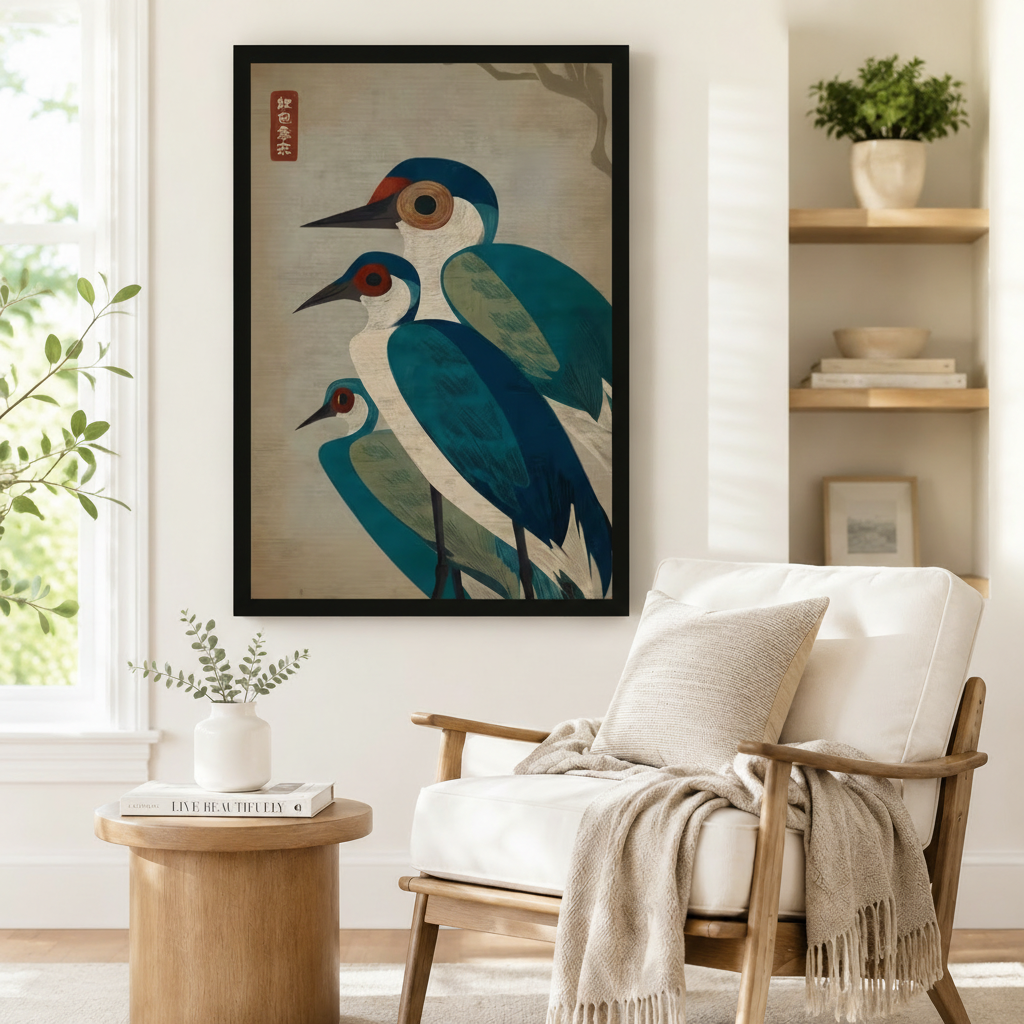 Ukiyo-e inspired teal crane trio framed poster beside armchair in minimalist Japandi reading corner
