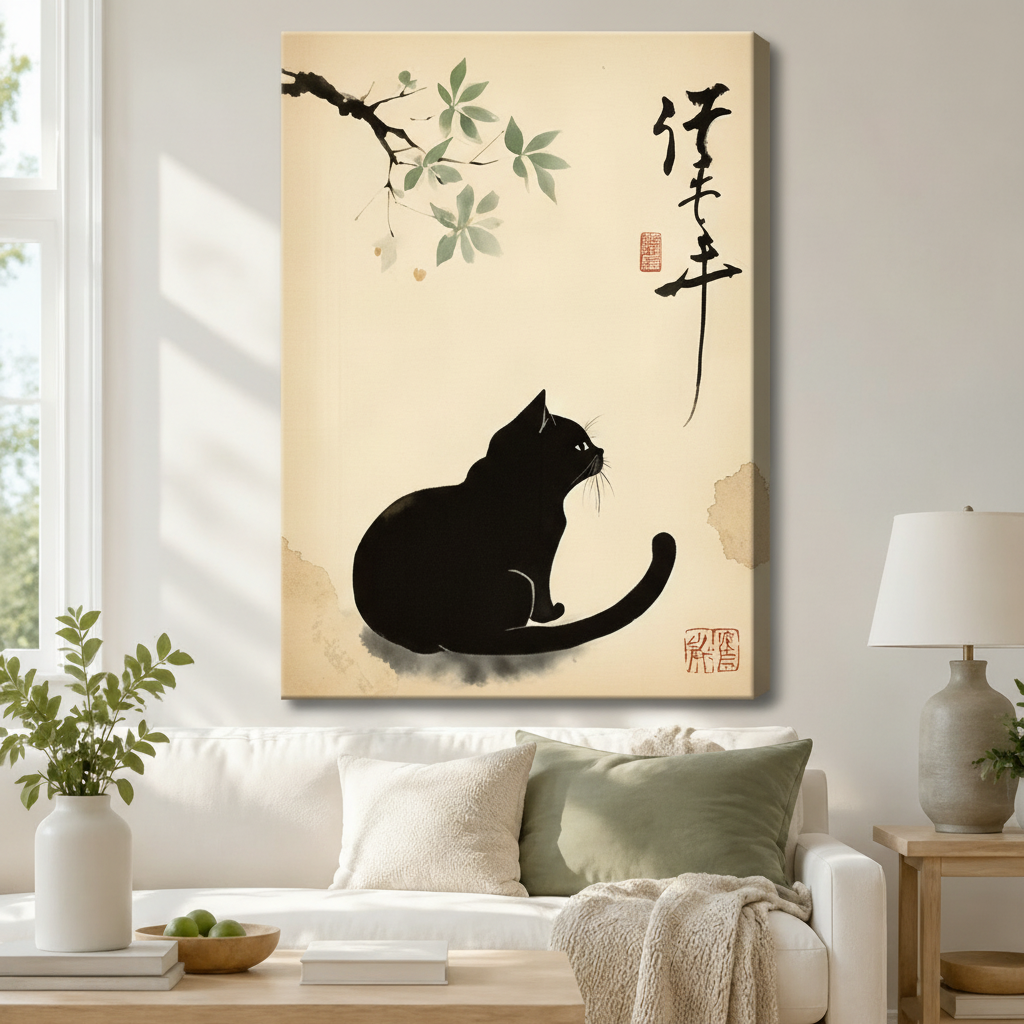 Stretched canvas wall art of a serene Japanese sumi-e style black cat sitting quietly and looking up at a graceful ink-wash branch with pale green leaves beside flowing calligraphy and a red chop seal on a warm cream aged paper background, hung above a white sofa with sage green and cream pillows and a ceramic table lamp in a bright airy living room