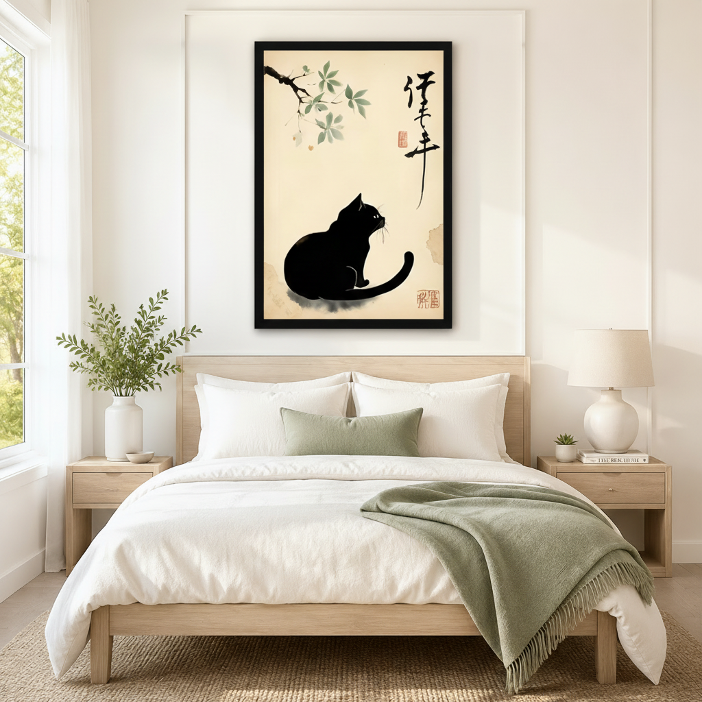 Black framed Japanese sumi-e ink wash black cat and branch canvas art with a plump black cat seated sideways gazing up at a delicate ink-painted branch with pale green leaves beside bold calligraphy and a red seal stamp on an aged cream parchment background, hung above a wooden bed frame in a sun-drenched Scandinavian bedroom with crisp white linen bedding, a sage green accent pillow, matching round nightstand lamps, and a white ceramic vase of greenery