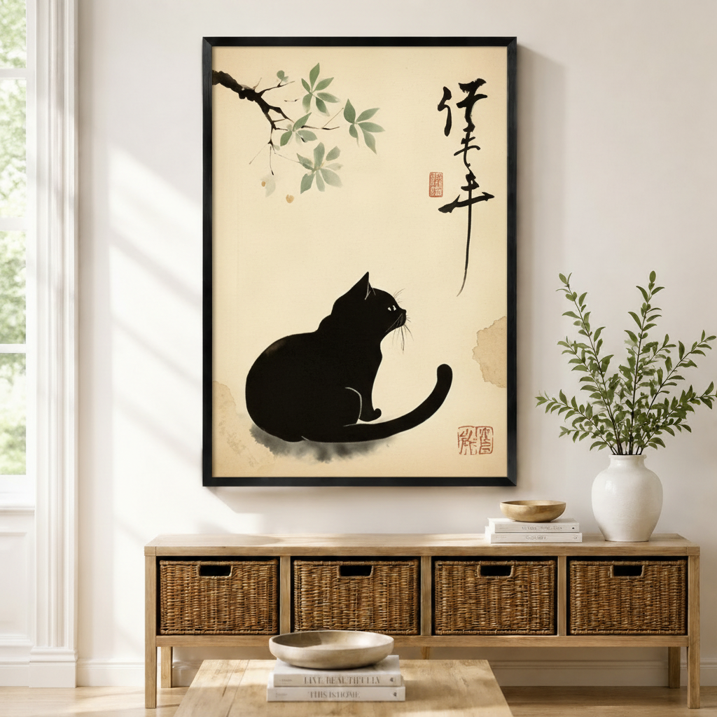 Black framed Japanese ink wash black cat and branch canvas art with a round black cat seated sideways gazing up at a delicate overhanging branch with soft green leaves beside bold calligraphy script and a red seal stamp on an aged parchment background, displayed on a light wall above a wooden rattan storage bench with a white ceramic vase of greenery and stacked books on the floor
