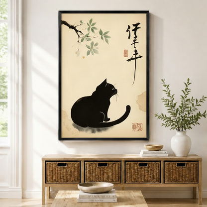 Black framed Japanese ink wash black cat and branch canvas art with a round black cat seated sideways gazing up at a delicate overhanging branch with soft green leaves beside bold calligraphy script and a red seal stamp on an aged parchment background, displayed on a light wall above a wooden rattan storage bench with a white ceramic vase of greenery and stacked books on the floor