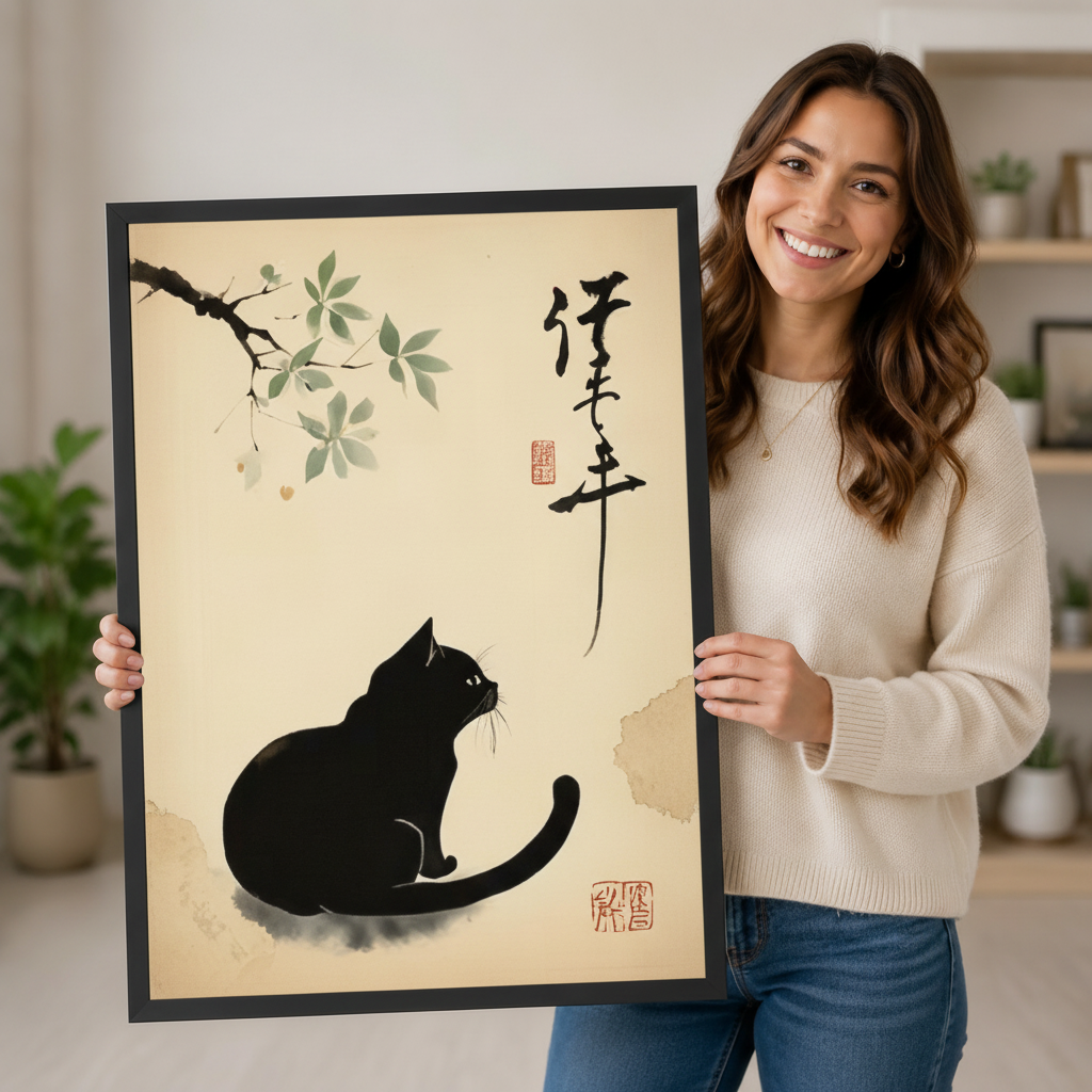 Smiling woman holding a large vertical black framed Japanese ink wash black cat and branch canvas art print showing a round black cat looking up at a delicate overhanging branch with green leaves beside flowing calligraphy script and a red chop seal on a warm aged parchment background in a bright plant-filled room