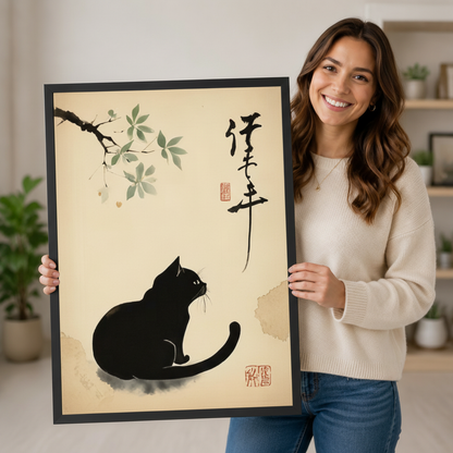 Smiling woman holding a large vertical black framed Japanese ink wash black cat and branch canvas art print showing a round black cat looking up at a delicate overhanging branch with green leaves beside flowing calligraphy script and a red chop seal on a warm aged parchment background in a bright plant-filled room