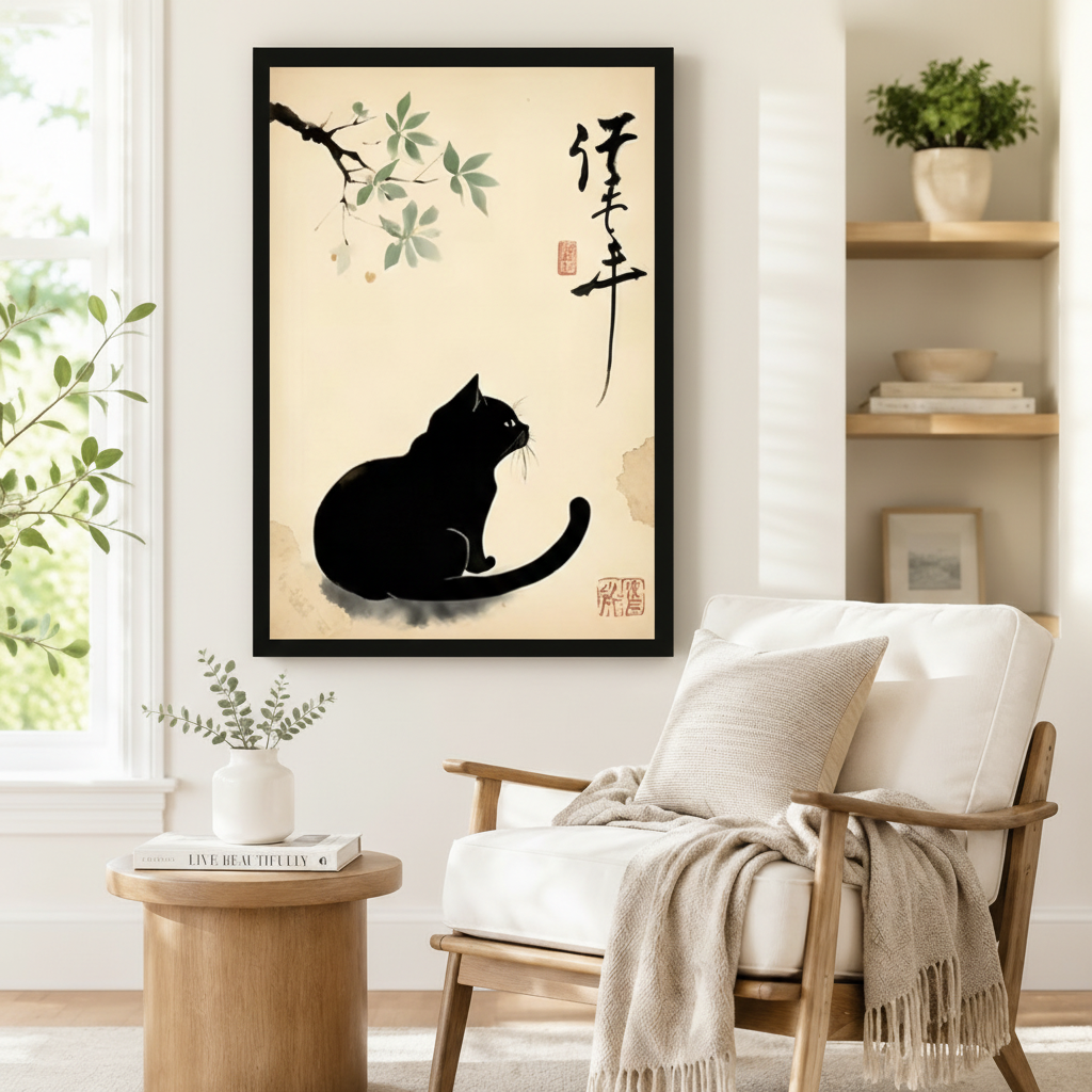 Black framed zen Japanese ink wash black cat canvas art showing a plump black cat seated in profile gazing upward at a sparse ink-painted branch with soft leaves beside bold brush calligraphy and a red seal on a distressed parchment background, displayed on a white wall beside a white wooden armchair with a cream fringed throw and a round wood side table with books