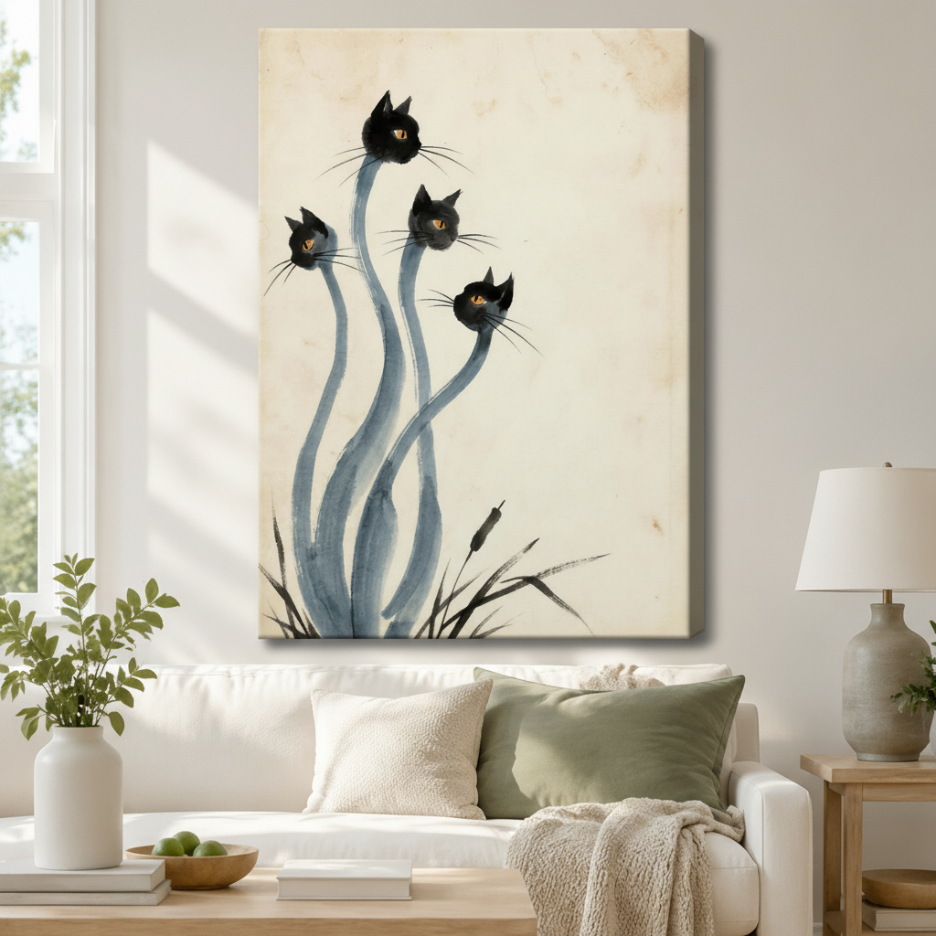 Stretched canvas Japanese ink style black cats wall art featuring four whimsical black cat heads with golden eyes on sinuous blue-gray stems growing from ink grass on an aged cream background, hung above a white sofa with sage green pillows in a bright living room