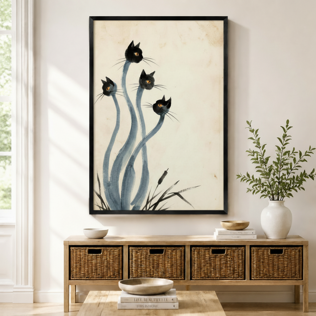 Black framed Japanese ink style black cats canvas art with four surreal black cat heads on long flowing blue-gray stems rising from grass on a vintage parchment background, displayed above a rattan storage console in a bright entryway