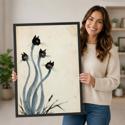 Smiling woman holding a large black framed Japanese ink style black cats canvas art print with four whimsical black cat heads on flowing blue-gray stems rising from ink grass on a vintage cream parchment background
