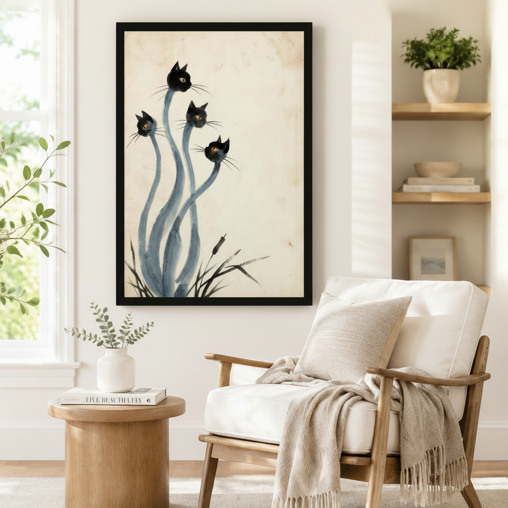 Black framed Japanese ink style black cats canvas art showing four surreal black cat heads with amber eyes on long curving blue-gray stems above ink-brushed grass on a warm parchment background, displayed beside a white linen armchair in a cozy reading nook