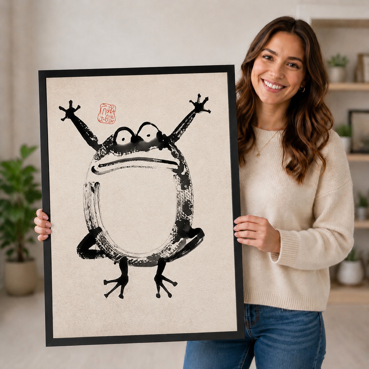 Woman smiling and holding a large black-framed Japanese sumi-e frog art print, showcasing print size and quality in a home setting