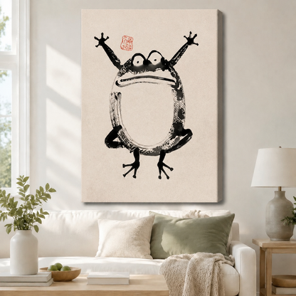 Unframed canvas print of a Japanese sumi-e frog with arms raised, hung above a white linen sofa in a cozy neutral living room