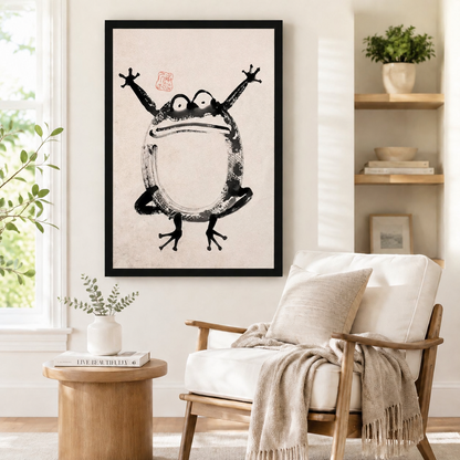 Black-framed Japanese ink frog poster art styled beside a wooden armchair and round side table in a minimalist reading nook
