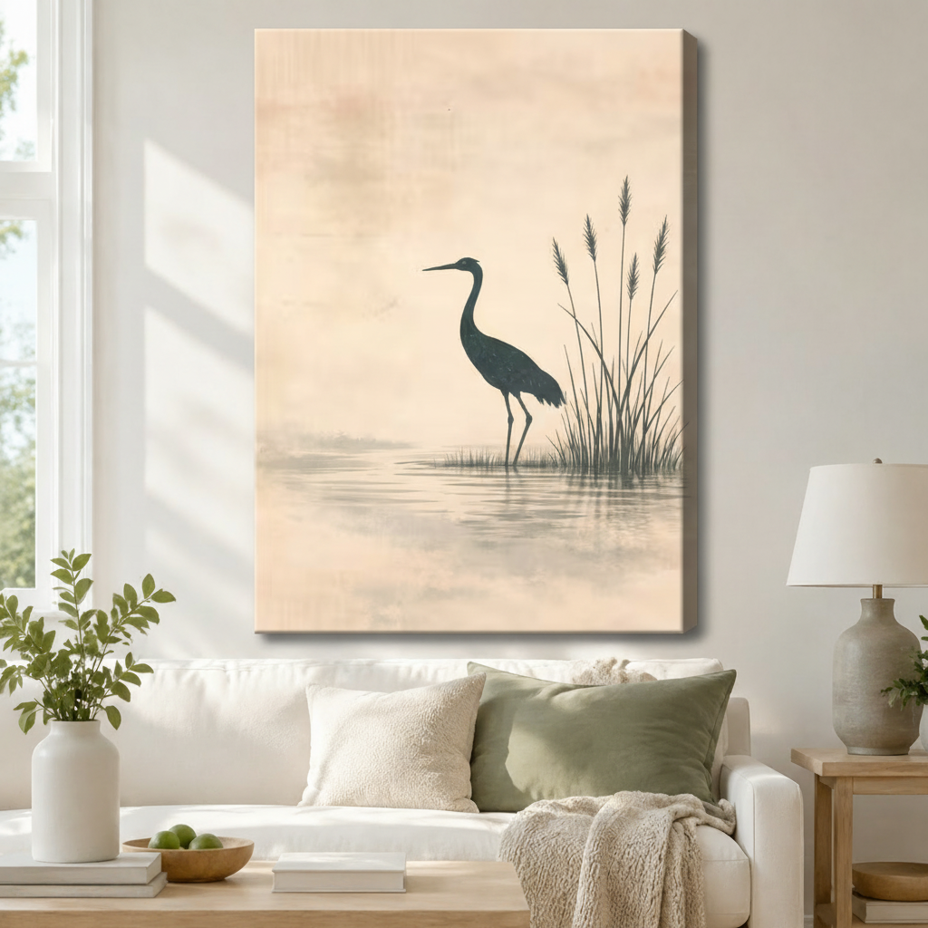 Stretched canvas wall art of a serene Japanese sumi-e style heron standing gracefully in a still misty lake beside tall slender reeds with a soft water reflection on a warm blush peach aged paper background, hung above a white sofa with sage green and cream pillows and a ceramic table lamp in a bright airy living room