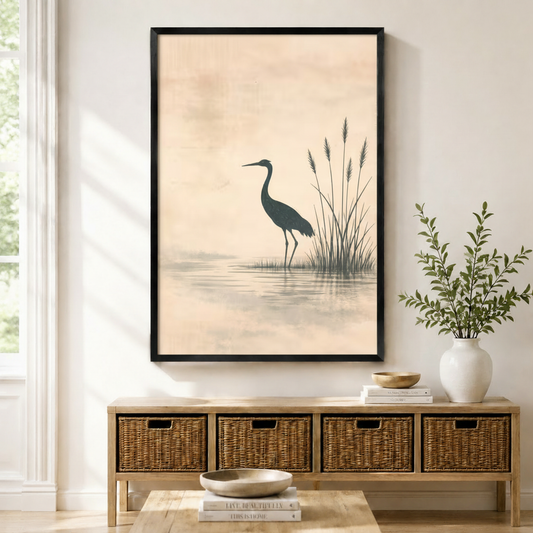 Black framed Japanese ink wash heron and reed canvas art with a dark teal-gray heron standing still in a calm misty lake beside slender swaying reeds and their soft reflection on a warm peach aged parchment background, displayed on a light wall above a wooden rattan storage bench with a white ceramic vase of greenery and stacked books on the floor