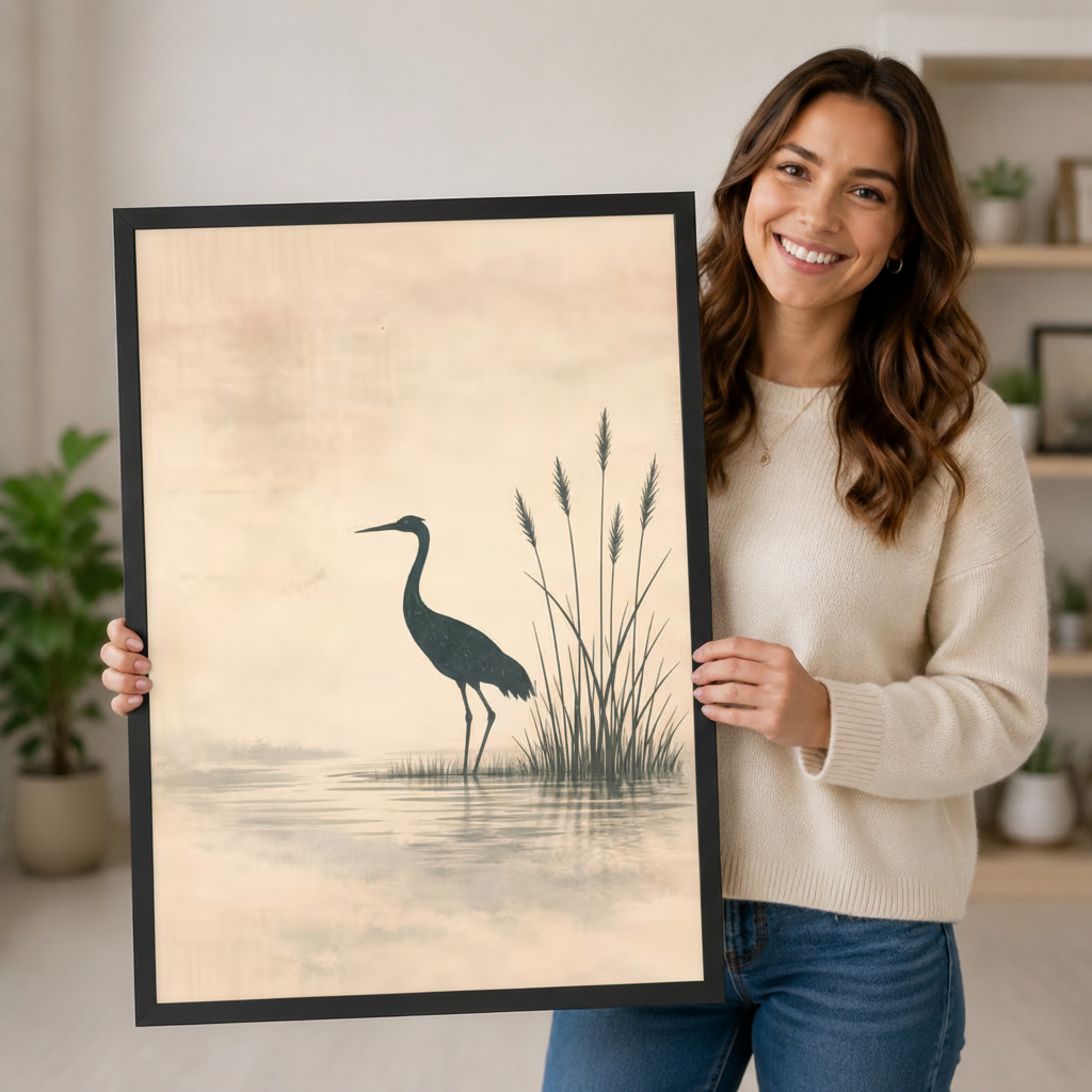 Smiling woman holding a large vertical black framed Japanese ink wash heron and reed canvas art print showing a dark teal-gray heron standing still in a calm misty lake beside swaying reeds and a soft reflection on a warm blush peach aged parchment background in a bright plant-filled room