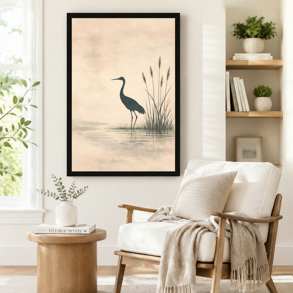 Black framed minimalist Japanese ink wash heron and reed lake canvas art showing a tall dark teal heron standing in a tranquil misty lake with slender reeds and a gentle water reflection on a warm peach distressed parchment background, displayed on a white wall beside a white wooden armchair with a cream throw and a round wood side table with books