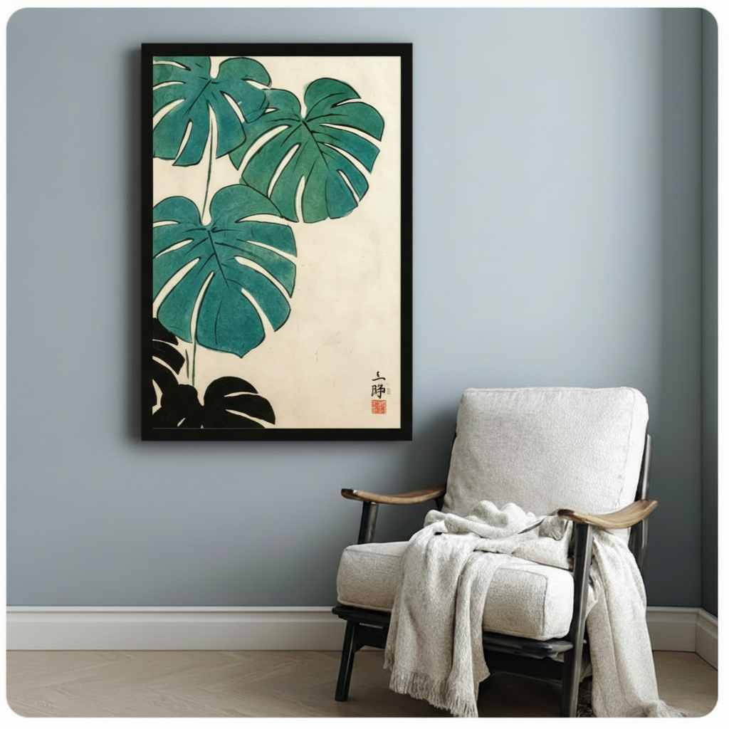 Framed Japanese monstera botanical canvas print hanging on a light blue-gray wall above a linen armchair with a draped throw blanket