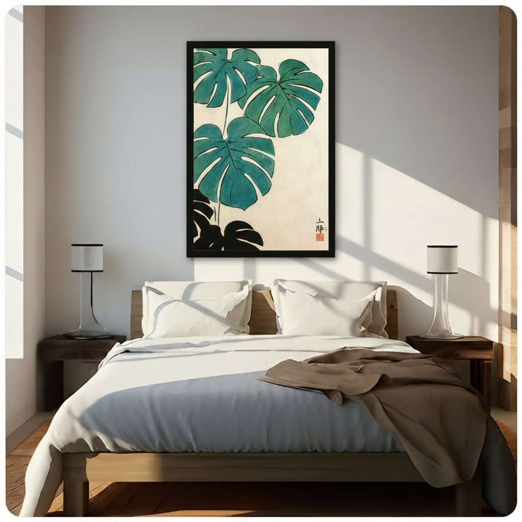 Japanese ink monstera framed wall art above a modern bed with white linen bedding, a taupe throw blanket, wooden nightstands, and warm natural light