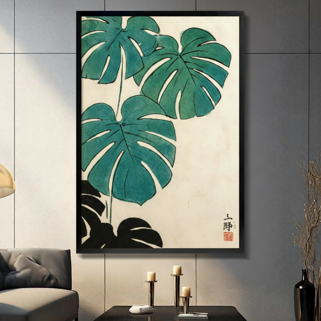 Japanese ink style monstera wall art in a black frame, displayed in a modern living room with gray tile walls, candle holders, and a dark sofa