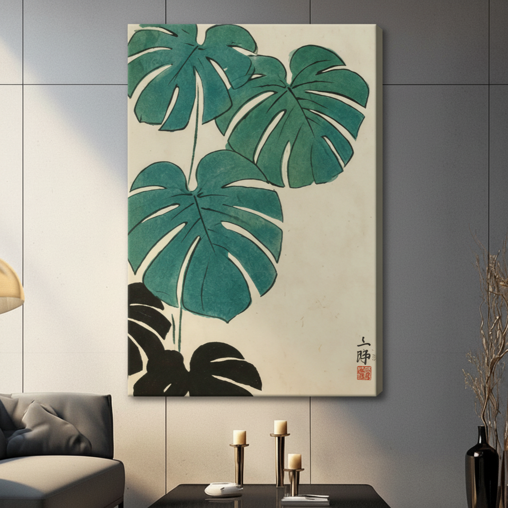 Gallery-wrapped monstera canvas wall art in Japanese ink style, displayed unframed on a dark gray wall in a contemporary living room setting