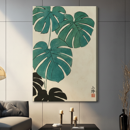 Gallery-wrapped monstera canvas wall art in Japanese ink style, displayed unframed on a dark gray wall in a contemporary living room setting