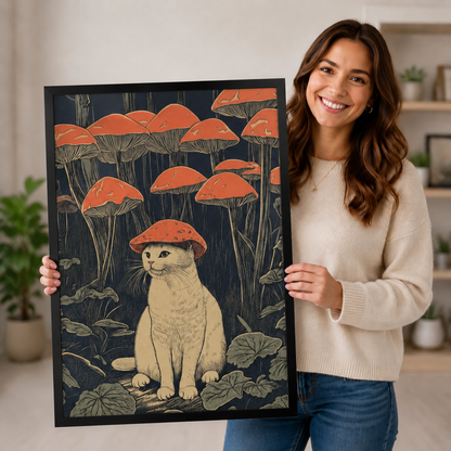 Smiling woman holding large framed canvas art print of a white cat in red mushroom hat surrounded by dark forest mushrooms in Japanese woodblock style