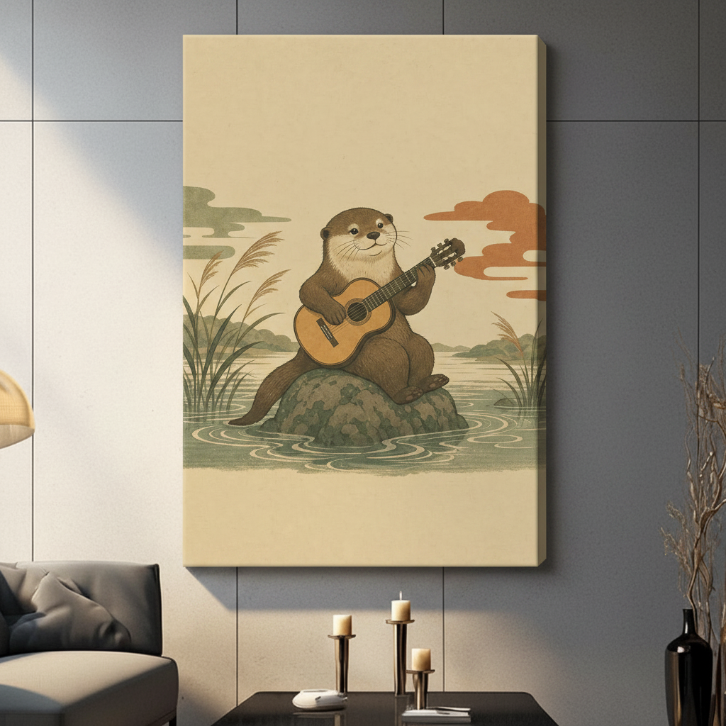 Charming round otter strumming acoustic guitar on mossy stone in calm river with tall reed grass, rippling water, muted green clouds, and burnt orange clouds Japanese woodblock print style stretched canvas wall art print hanging in a contemporary living room with dark gray tiled wall