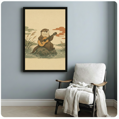 Peaceful otter sitting on mossy river rock strumming acoustic guitar with tall reed stalks, gentle water ripples, and traditional Japanese auspicious clouds in muted green and burnt orange tones on warm beige parchment background framed art poster displayed beside a wooden armchair with white draped throw blanket against a soft blue-gray wall