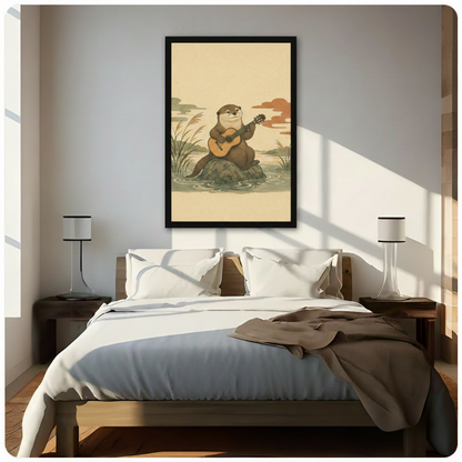 Whimsical Japanese style otter playing acoustic guitar on stone in tranquil river with reed grass, soft rippling water, and decorative orange-red and sage green clouds on aged cream background framed wall art print hanging above a modern bedroom bed with white linen bedding, dark wood nightstands, and minimalist white table lamps