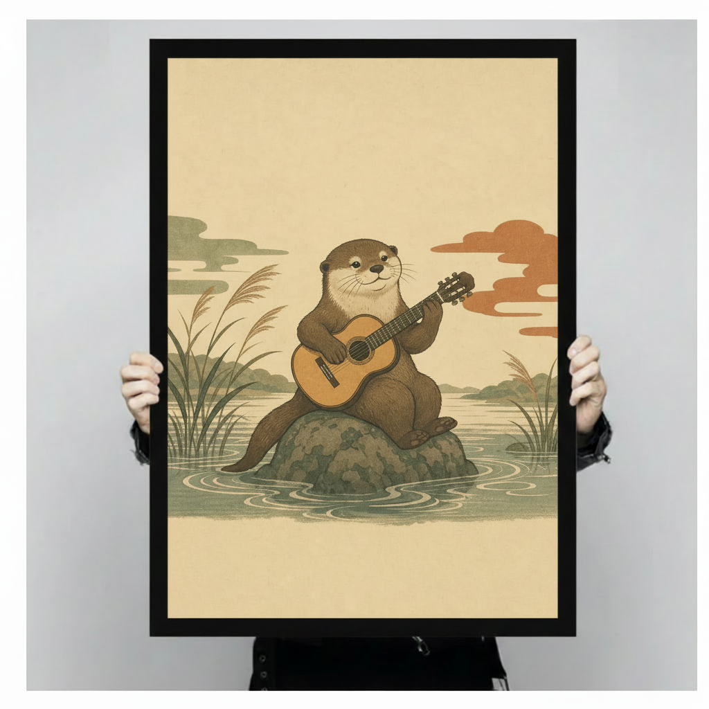 Adorable otter musician playing acoustic guitar while perched on a river rock with swaying reeds, concentric water ripples, and traditional Japanese ukiyo-e style clouds in gray-green and terracotta on warm parchment background framed wall art print held up for size reference against a light gray neutral background