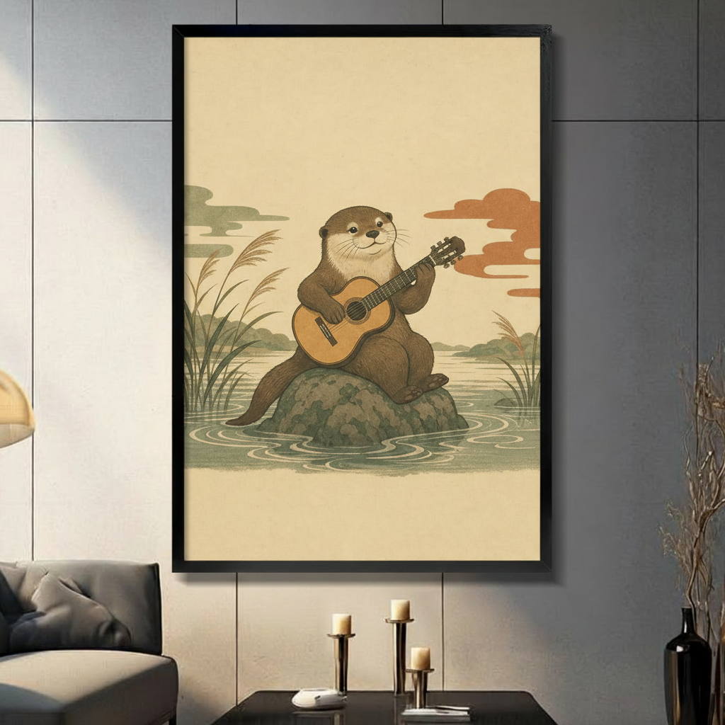 Cute otter sitting on river rock playing acoustic guitar surrounded by reed grass with gray-green clouds and orange-red auspicious clouds Japanese ukiyo-e style illustration on aged beige background framed wall art print displayed in a living room with dark gray sofa, pillar candle holders, and black decorative vase
